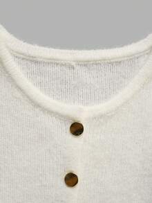 Women Autumn White Ribbed Knit Cropped Cardigan Gold Button Front Round Neck Flare Sleeve Curved Hem Casual Going Out Tops - White - View 5