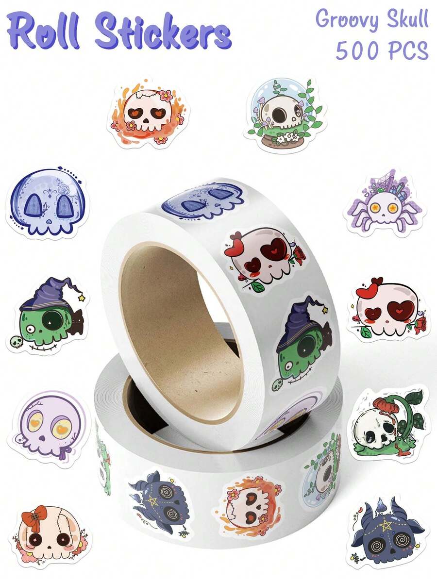 500pcs Vintage Skull Roll Stickers, Cute Japanese Style Creative Cool Stickers, Halloween Party Favors, Suitable For Sketchbook, Notebook, Backpack, Envelope DIY Graffiti Stickers - Multicolor - View 1