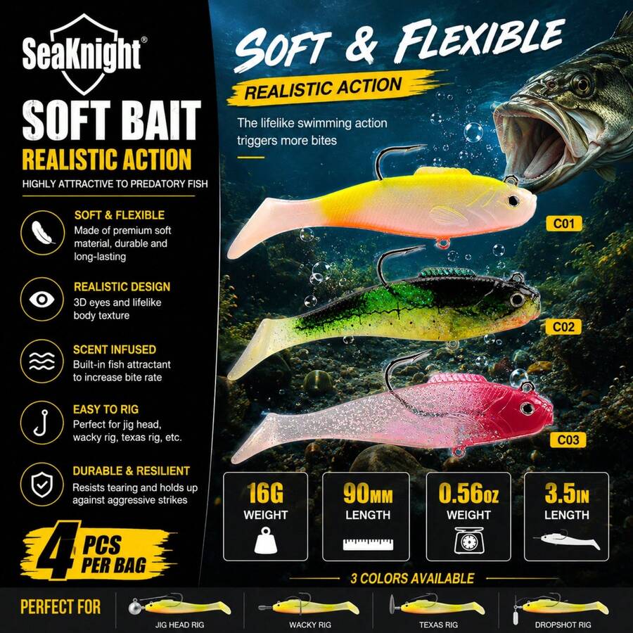 SeaKnight SL005 Realistic Swimming Soft Bait, 90mm 16g Scented Minnow Lure With 3D Realistic Eyes, Suitable For Jig Head, Wacky, Texas And Dropshot Rigs, Freshwater And Saltwater Universal, For Bass, Trout And Other Carnivorous Fish - Multicolor - View 1