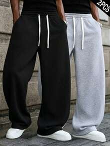 2pcs Plus Size Men's Casual Sports Sweatpants, Loose Straight Fit, Excellent Drape Suitable For Home And Outdoor Multiple Scenarios, Can Be Used As Couple Gift, Made Of 100% Polyester Fiber, Drawstring Waist Adjustment, Suitable As Gift For Boyfriend And Father, Can Be Used As New Year Gift, Christmas Gift, Halloween Gift - Multicolor - View 2