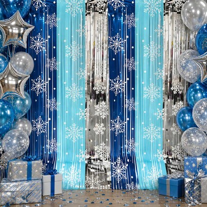 1 Pack/2 Packs Christmas Snowflake Foil Fringe Curtain, Ice & Snow Birthday Party Decoration, Winter Princess Birthday Party Decor, 3.3 X 6.6 Feet Silver Blue Snowflake Foil Fringe, Fantasy Winter Party Decoration, Ice & Snow Birthday Party Supplies, Christmas Holiday Party Decor