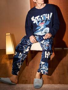 Gongdie 2 Pieces Disney Stitch Men Pajama Set,Fall Navy Soft Cotton Loungewear With Pocket - Navy Blue - View 5