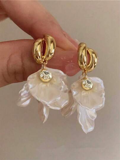 1 Pair Long Tassel Acrylic Shell Flower Earrings, Women's Fashion Earrings For Party, Banquet, Holiday, Jewelry Accessories, Boho Chic
