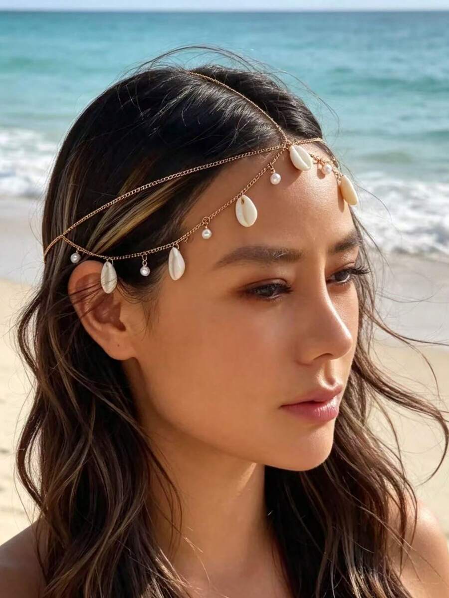 1pc Fashionable Bohemian Style Alloy Resin White Faux Pearl Shell Starfish Pendant Tassel Basic Chain Head Chain For Women, Party Gift (Handmade Chain Cut To Size, Number Of Round Beads Varies) - Multicolor - View 1