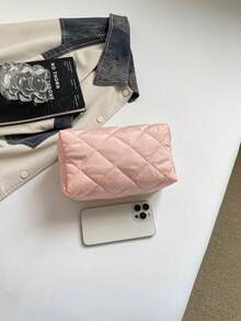 Fashionable Multi-Purpose Quilted Embroidered Grid Padded Makeup Bag, Student Pencil Case, Diamond Quilted Pattern, Solid Color Design, Casual Handbag, Warm Down-Filled Small Bag - Pink - View 3