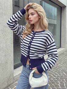 Women's Soft Knit Striped Faux Wrap Cardigan Style Sweater, Round Neck Faux Button Detail Ribbed Hem Short Knit Top - Navy Blue - View 4