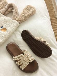 2026 New French Pearl Flat Sandals, Fashion Beach Sandals, Fashion Casual Slippers, Wedding - Beige - View 6
