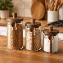 3 Pcs Multi-Size High Borosilicate Glass Spice Jars Set, Airtight Seasoning Containers With Wooden Lids & Unique Side Spoon Holder, Moisture-Proof Storage Canisters For Sugar, Coffee & Salt - Clear - View 1