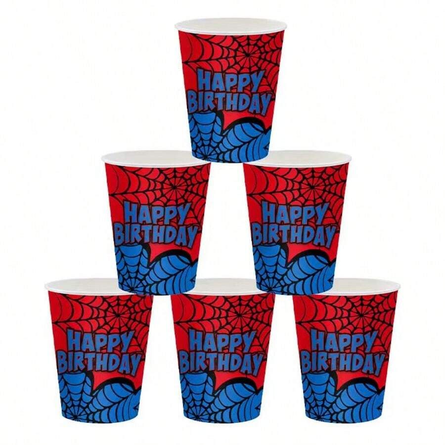 10pcs/20pcs/50pcs Halloween Spider Birthday Party Paper Cups, 9 Oz Disposable Cups Featuring A Red And Blue Spiderweb Pattern; Suitable For Halloween, Birthday Parties, And Day Of The Dead Celebrations. - Multicolor - View 1