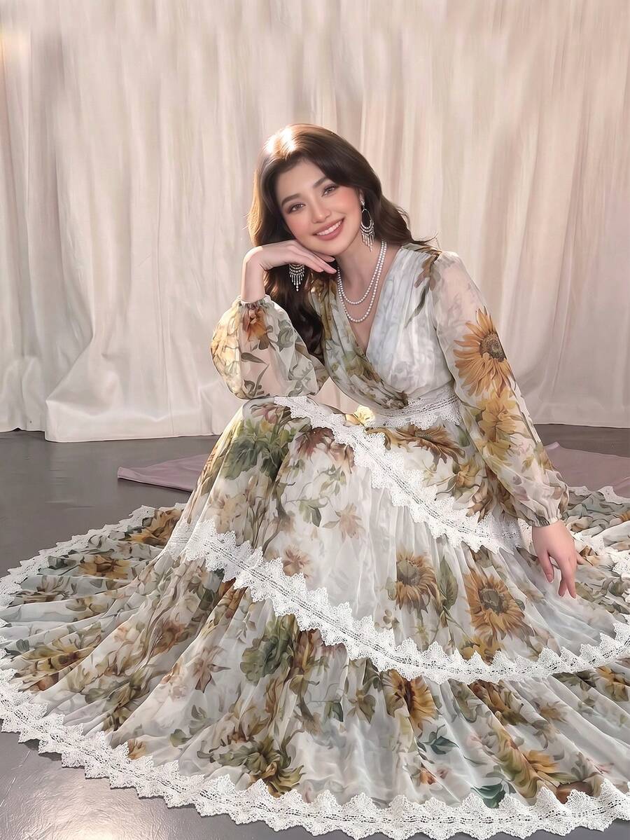 Gaun Wanita Elegan Modern Romantis Motif Bunga Lengan Panjang dengan Ruffle dan Patchwork, Model Ramping dan Mengembang, Warna Putih, untuk Liburan Musim Gugur - Putih - View 1