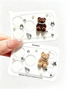 NNBILI Fluffy Pearl Bear Camera Lens Protector Film Compatible With IPhone 18 Pro Max/18 Pro/17 Pro Max/17 Pro, 3D Rhinestone Star Heart Diamond Decorated Camera Cover, Anti-Scratch Tempered Glass Lens Sticker, Cute Phone Camera Decoration - Light Brown Bear Pearl Necklace - View 2