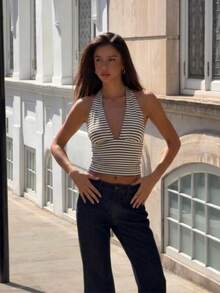 女款條紋印花V領細肩帶背心，適合夏季外出、度假與海灘派對，棕色 - 棕色 - 查看 5