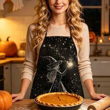 1pc Halloween Starry Sky Witch Print Apron, Featuring Pointed Hat Starry Magic Witch Pattern, Durable Cooking Apron Suitable For Bakers, Cake Decorators, BBQ Enthusiasts, Gardeners, Painters, Nail Artists - Perfect Gift For Home And Professional Chefs - Multicolor - View 3