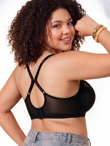 1pc Plus Size Women's Wireless Lace Bra, Breathable Anti-Slip, High Support, Adjustable Straps, Seamless Design, Suitable For Daily Wear - Black - View 4