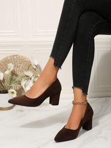 Women's High Heel Pumps, Chunky Square Heel, Spring/Autumn, Block Heels, Fine Suede Coated Fabric, Solid Color, No Print, Pointed Toe, Low Vamp - Coffee Brown - View 4