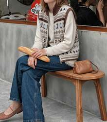 Women's Autumn/Winter Vintage Pattern Stand Collar Zipper Knit Cardigan Vest, Simple Casual Sweater Top, Versatile Style - Brown - View 3