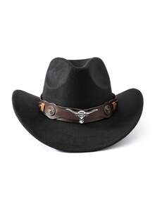1pc Pure Black Faux Wool Western Cowboy Hat With Dark Brown Leather Hat Band, Decorated With Silver Bull Head Badge And Vintage Metal Round Buckle, Black And Brown Contrast Cool Style, Shapeable Wide Brim, Outdoor Travel Photography Western Style Versatile Sun Protection Hat, Unisex - Top Hat - View 6
