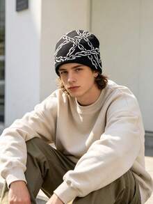 1pc Unisex Chain Jacquard Knit Beanie, Millennium Gothic Intertwined Chain Pattern Elastic Pull-On Hat, Streetwear Style, Suitable For Daily Wear, Skateboarding, Outdoor, Autumn/Winter - A - View 7
