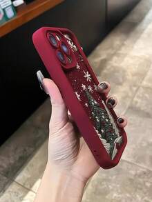 1pc Christmas Phone Case With 3D Embroidered Christmas Tree And Snowflake Pattern, Burgundy Leather Frame Shockproof Soft TPU Protective Cover, Compatible With GALAXY, HONOR, Phones - Burgundy - View 2