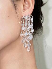 1 Pair Transparent Water Drop Rhinestone Multi-Layer Tassel Earrings, Long Waterfall Drop Earrings For Bridal Wedding Dress, Elegant Women's Earrings - Silver - View 4
