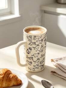 Minimalist Line Art Cat Print Ceramic Tall Coffee Mug, Black & White Kitten Drinkware, Cute Desk Decor, Cat Mom Birthday Gift - Cat Mug - View 3