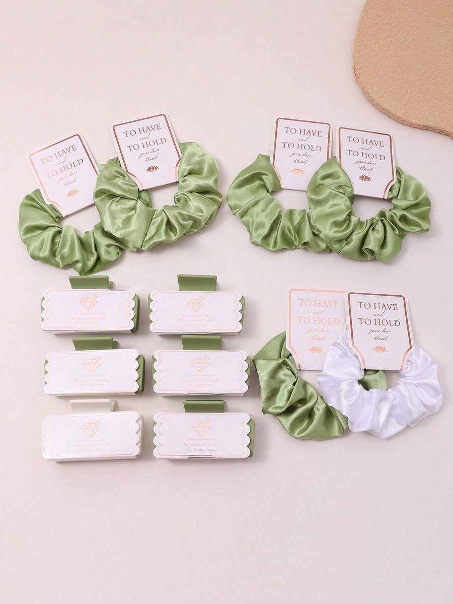 12pcs Wedding Bridesmaid Proposal Gift Set, Sage Green, Champagne, Pink Scrunchies With Cardboard Gift Decoration, Square Claw Clips Combination, Perfect Party Women Hair Accessories Set - Multicolor - View 1