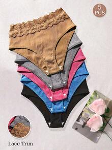 5pcs Women's Comfortable Pure Cotton Fabric Patchwork Sexy Lace Trim Elegant High Waist Triangle Panties - Multicolor - View 1