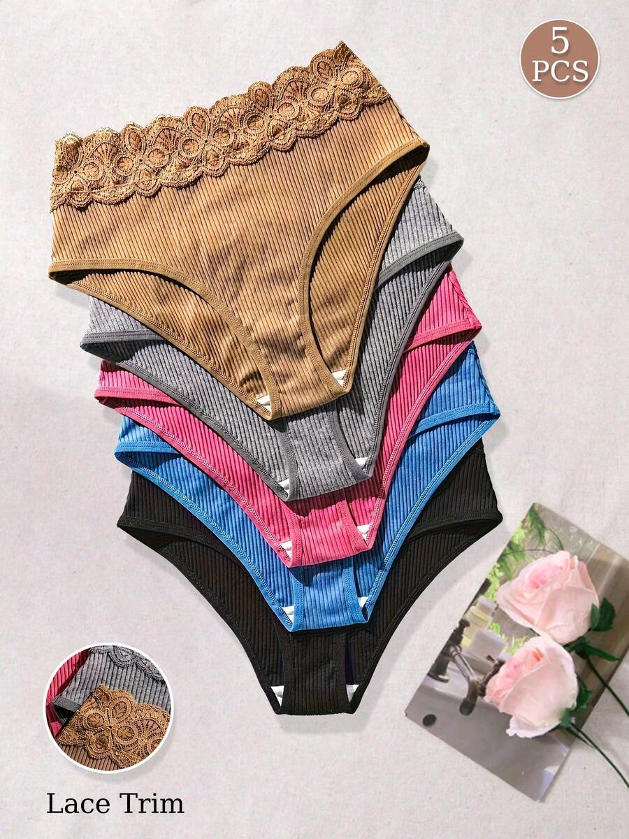 5pcs Women's Comfortable Pure Cotton Fabric Patchwork Sexy Lace Trim Elegant High Waist Triangle Panties - Multicolor - View 1