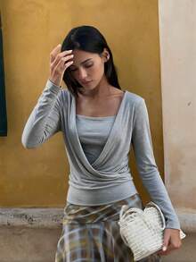 Sookaug Minimalist Sexy Style 2 In 1 Low Neck Knit Sweater Women's Design Deep V-Neck Criss-Cross Draped Long Sleeve Grey Base Layer Top - Grey - View 2