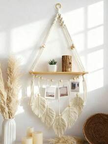 1 pieza/2 piezas Estantería colgante de pared tejida a mano con diseño de hoja, estante flotante de almacenamiento de madera estilo bohemio, adecuado para baño, dormitorio, sala de estar, clips no incluidos - Multicolor - Ver 10