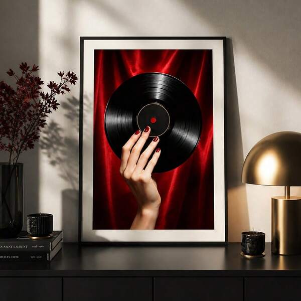 1pc Vintage Vinyl Record Wall Art Dark Red Silk Canvas Print Retro Music Poster Aesthetic Woman Hand Holding Record Wall Decor For Living Room Music Room Bedroom Home Decoration Unframed/Framed/Wooden Hanging