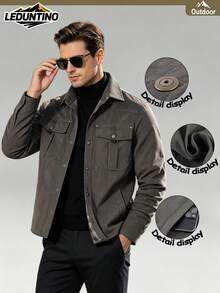 LEDUNTINO [Spring/Summer Style]Men's Fashion Cargo Jacket, Sports, Solid, Plaid Design, Long-Sleeved, Men Spring Fall Shirt, Lapel, Button, Flap Pockets, Fashionable - Grey - View 1