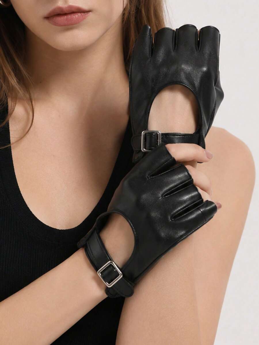 1 Pair Women's Solid Color Versatile Hollow Out Fingerless Gloves, Suitable For Daily Wear And Party Matching - Black - View 1