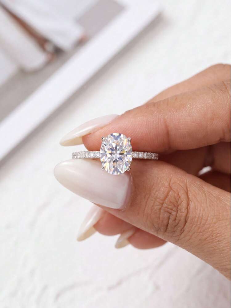 1件優雅精緻925純銀1克拉橢圓莫桑石戒指，適合女性，完美適用於婚禮與舞會場合 - 橢圓莫桑戒指-1ct - 查看 6