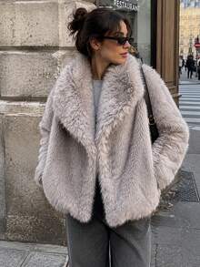 Faux Fur Fluffy Warm Long Sleeve Autumn/Winter Jacket - Light Grey - View 1