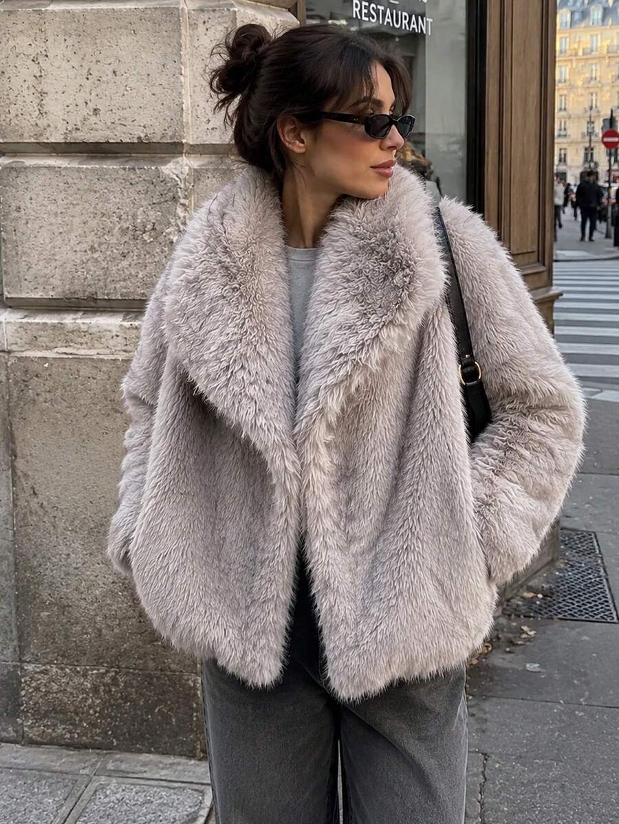 Faux Fur Fluffy Warm Long Sleeve Autumn/Winter Jacket - Light Grey - View 1