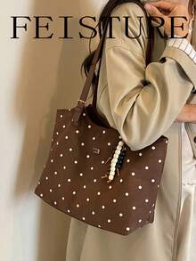 Large Capacity Polka Dot Print Shoulder Bag, Fashion Tote Bag With Pendant, Suitable For Daily Outings, Dates, Commuting - Coffee - View 5