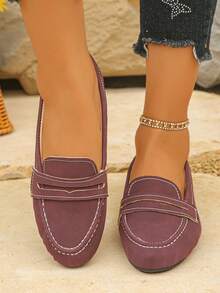 Women's Minimalist Casual Round Toe Slip-On Loafers, Burgundy Faux Suede Flat Shoes, Easy-To-Wear Soft Comfortable Daily Commute Driving Moccasins - Burgundy Frosted - View 6