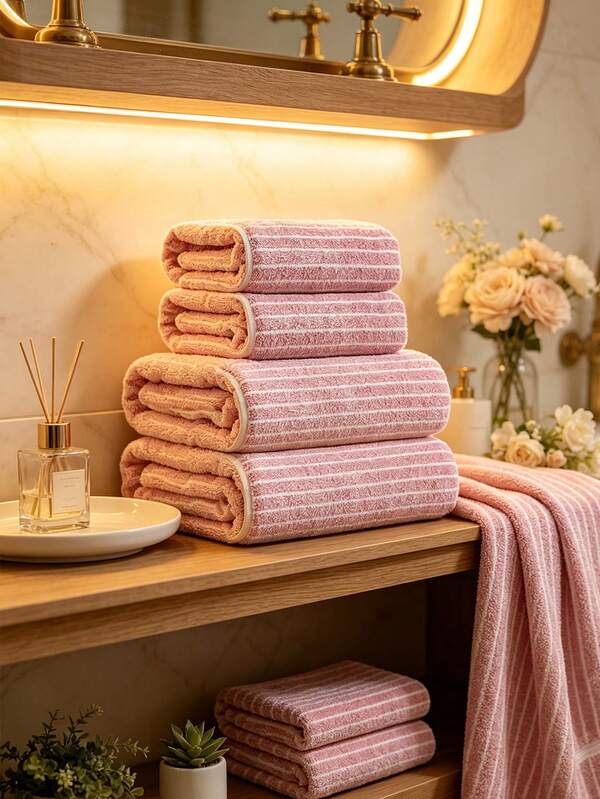 Coral Fleece Soft Quick-Dry Striped Bath Towel/Hand Towel/Face Towel/Beach Towel, Suitable For Bathroom, Back To School, Home Essentials, Skin Care
