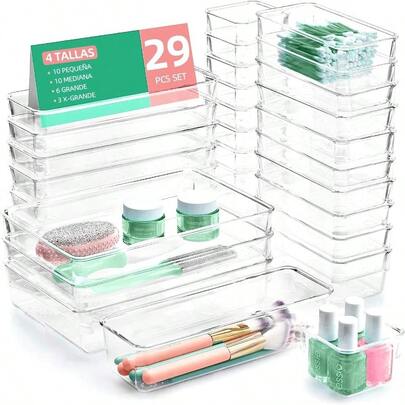 29Pcs Organizadores de Cajones, Cajas Organizadora de Acrilico Transparente | 4 Tamaños, Cajas de Almacenamiento Multifuncional, Organizador de Maquillaje, Joyas, Utensilios de Cocina y Oficina