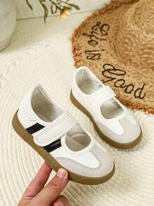 New Arrival | Girls' Colorblock Patchwork Casual Mary Jane Shoes, German Training Style Mesh Breathable Hook & Loop Soft Sole Kids Shoes, Versatile Flat Loafers For Spring/Summer School And Outdoor Wear - White - View 1
