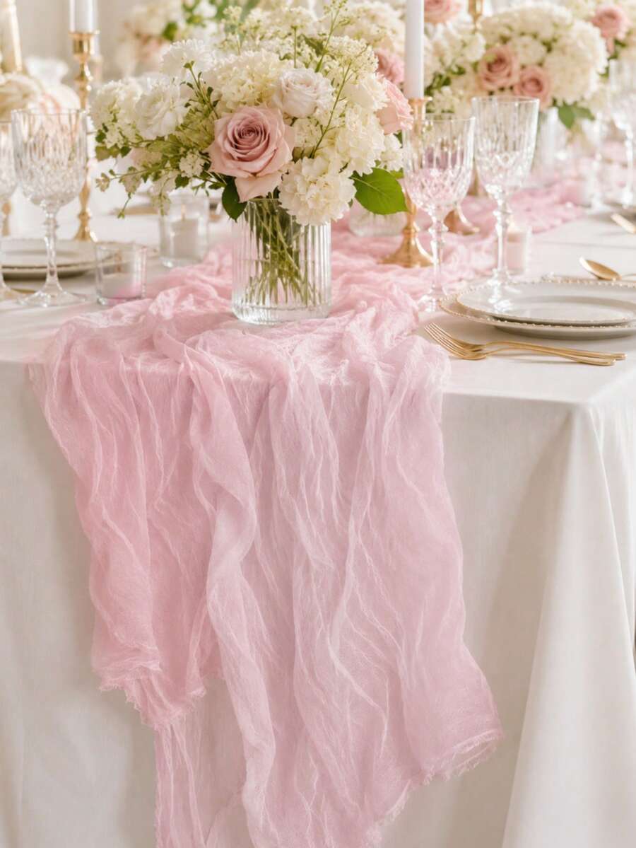 Pink Layered Gauze Table Runner, Soft Semi-Transparent Cheesecloth With Vertical Pleats, Lightweight Semi-Transparent Tablecloth, Romantic Draping Decorative Centerpiece Cloth, Suitable For Dining Table And Home Decor - Pink - View 1