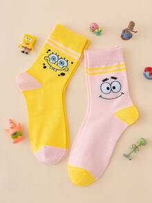 SpongeBob SquarePants 2 đôi tất nữ cao cổ giữa bắp chân họa tiết biểu cảm cá tính vui nhộn dòng SquarePants - Nhiều màu - Xem 1