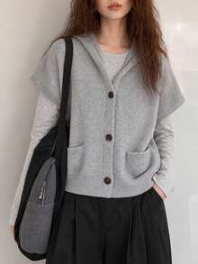 Women's Autumn Minimalist Casual Slouchy Hooded Cardigan Vest Jacket Fall - Grey - View 3