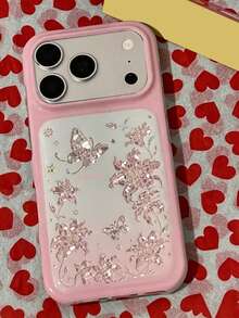 Luxury Pink Laser Floral Butterfly Illustration Shiny Rhinestone Sequin Pattern Phone Case, Compatible With IPhone 18 Pro Max 18 Pro 17 Pro Max 17 Pro 16 Pro Max 15 Pro Max 14 Pro Max 13 Pro Max 12 Pro Max 15 Plus 11, Summer Shiny Soft Back Cover - Flowers and Butterflies - View 3