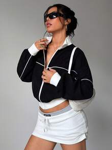 Women's Black Half-Zip Fleece Pullover Jacket, White Trim Sporty Windbreaker - Black - View 6