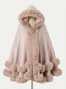 1PC Acrylic Knitted Fabric European And American Autumn And Winter New Faux Rabbit Fur Collar Hooded Hem Fringed Shawl Cape Extended Coat - Multicolor - View 13