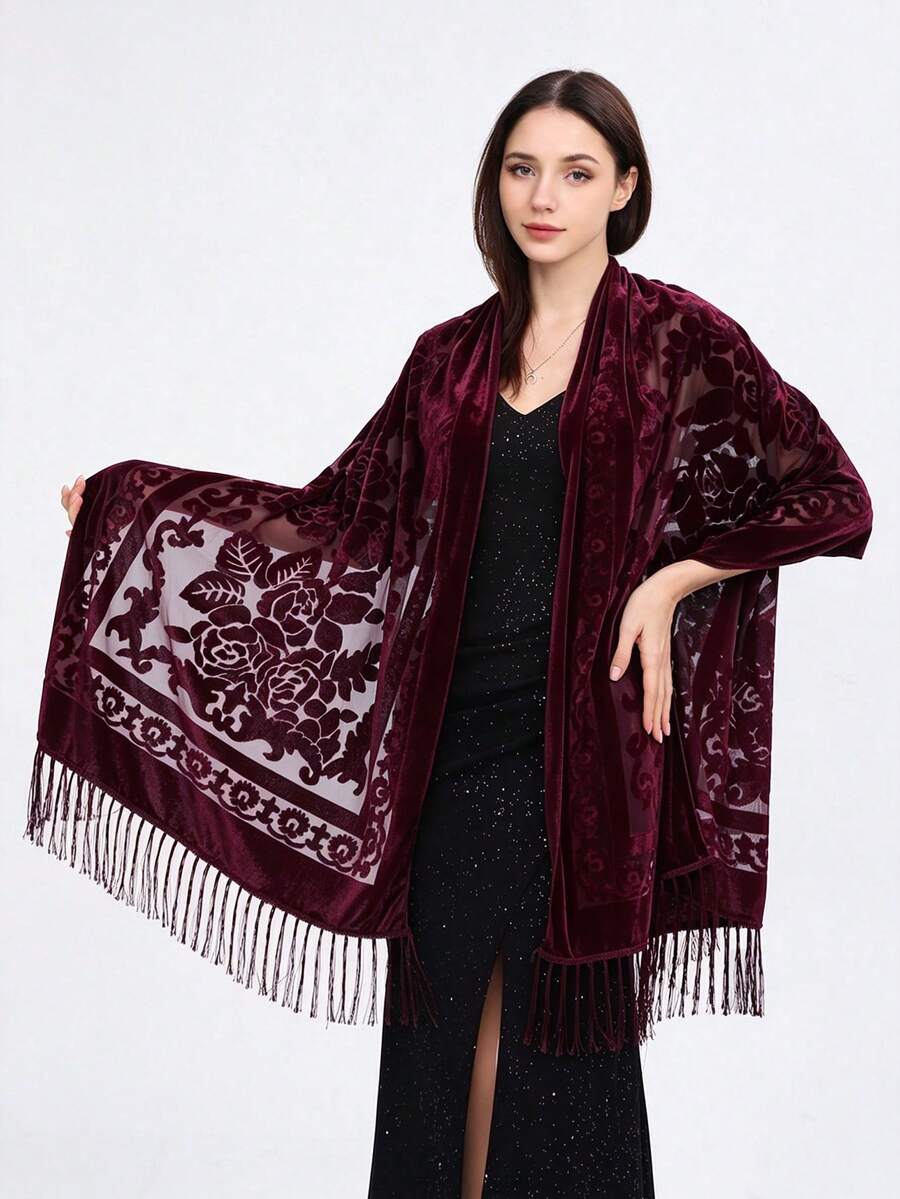 1件女款酒紅色手工蕾絲天鵝絨玫瑰流蘇圍巾,時尚百搭新風格派對披肩,優雅圍巾 - 酒紅色 - 查看 1