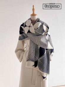 1 pieza Bufanda de diseño de cachemira sintética con patrón de trébol jacquard cálida para mujeres, manta para habitación con aire acondicionado, protección contra el frío para viajes al aire libre en otoño/invierno, calentador de cuello, bufanda decorativa chal de doble uso, adecuada para combinar a diario, primera opción para regalar - Negro - Ver 1