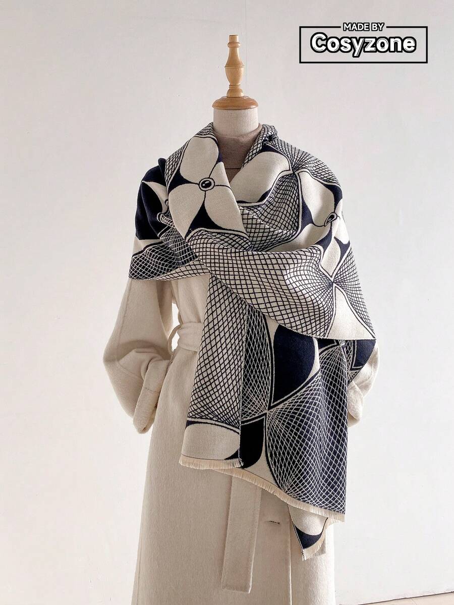 1 pieza Bufanda de diseño de cachemira sintética con patrón de trébol jacquard cálida para mujeres, manta para habitación con aire acondicionado, protección contra el frío para viajes al aire libre en otoño/invierno, calentador de cuello, bufanda decorativa chal de doble uso, adecuada para combinar a diario, primera opción para regalar - Negro - Ver 1